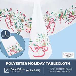 Christmas Tablecloth, Holiday Party Table Cover with Bows and Branches (White, 54 x 108 in)