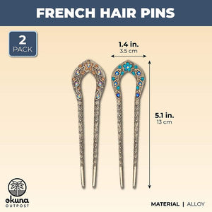 French Hair Pins for Women, Rhinestone Chignon Sticks (2 Pack)
