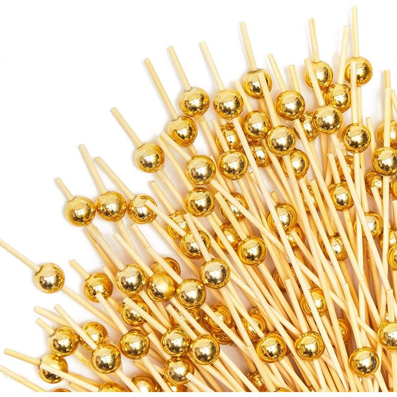 Gold Pearl Cocktail Picks, Bamboo Appetizer Toothpicks (4.7 Inches, 150 Pack)