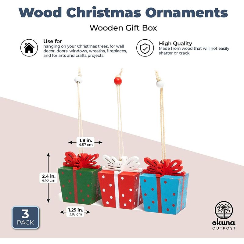 Wooden Christmas Tree Ornaments, Present Ornament (1.8 x 1.25 x 2.4 in, 3 Pack)