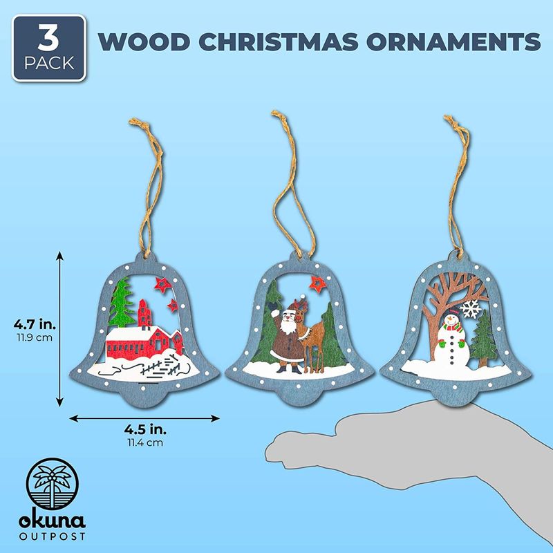 Wooden Jingle Bell Christmas Tree Ornaments (3 Pack)