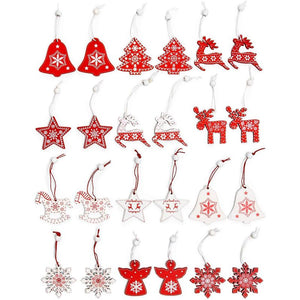 Wooden Christmas Tree Ornaments, Red Hanging Ornaments for Xmas Decorating (24 Pieces)