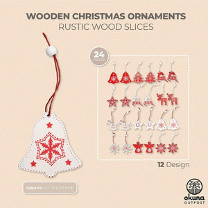 Wooden Christmas Tree Ornaments, Red Hanging Ornaments for Xmas Decorating (24 Pieces)