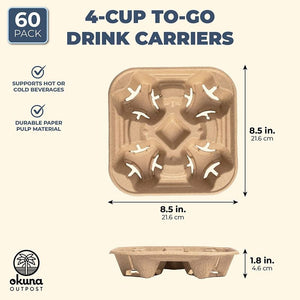 Pulp Fiber Coffee Carrier, 4 Cup Carry Holder for Hot and Cold Drinks (60 Pack)