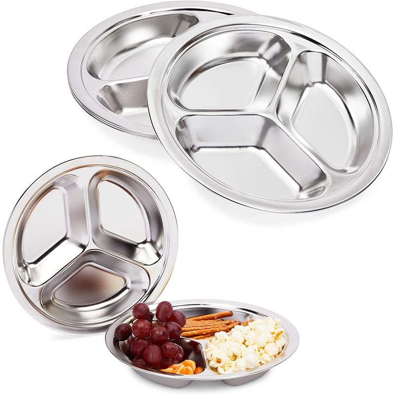 Divided Serving Tray, Stainless Steel Round Platter Dish (Silver, 9 In, 5 Pack)