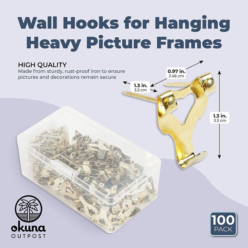 Wall Hooks for Hanging Heavy Picture Frames (1.3 Inches, 100 Pack