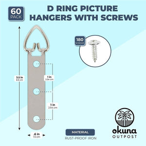 60 D Ring Picture Hangers with 180 Screws, 3 Holes (3.5 x 0.6 in, 240 Pieces)