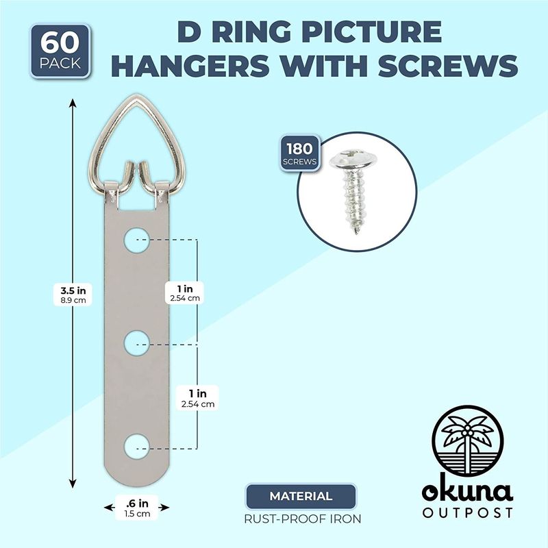 60 D Ring Picture Hangers with 180 Screws, 3 Holes (3.5 x 0.6 in