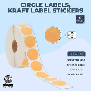 Round Kraft Labels, Circle Stickers Rolls (1 in, 1500 Pieces)