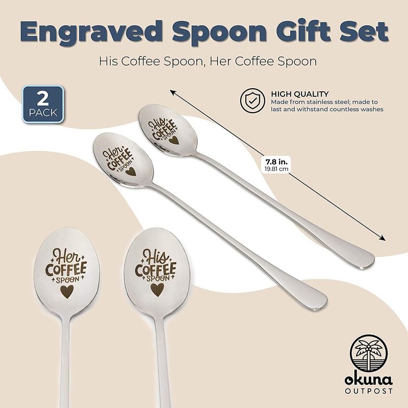 Engraved Spoon Set with Gift Box, His Coffee Spoon, Her Coffee Spoon (7.8 In, 2 Pack)
