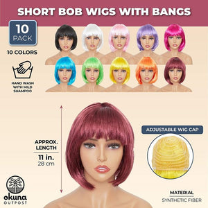 Short Bob Wigs with Bangs, Synthetic Hair for Women, 10 Neon Colors (11 In, 10 Pack)