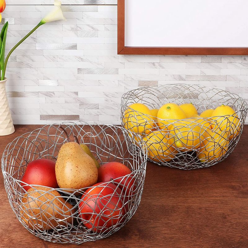Wire Fruit Baskets, Silver Metal Farmhouse Kitchen Decor (2 Sizes, 2 Pack)