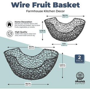 Wire Fruit Basket, Farmhouse Kitchen Decor (Black, 2 Sizes, 2 Pack)