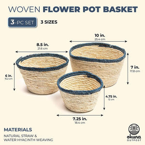 Grass Woven Flower Pot, Planter Storage Bin, Home Decor with Blue Rims (3 Pack)