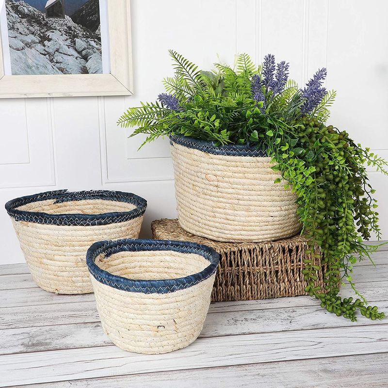 Grass Woven Flower Pot, Planter Storage Bin, Home Decor with Blue Rims (3 Pack)