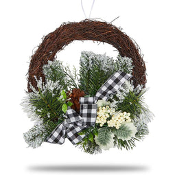 Okuna Outpost Rattan Christmas Wreath for Front Door, Black Plaid Bow (12 Inches)