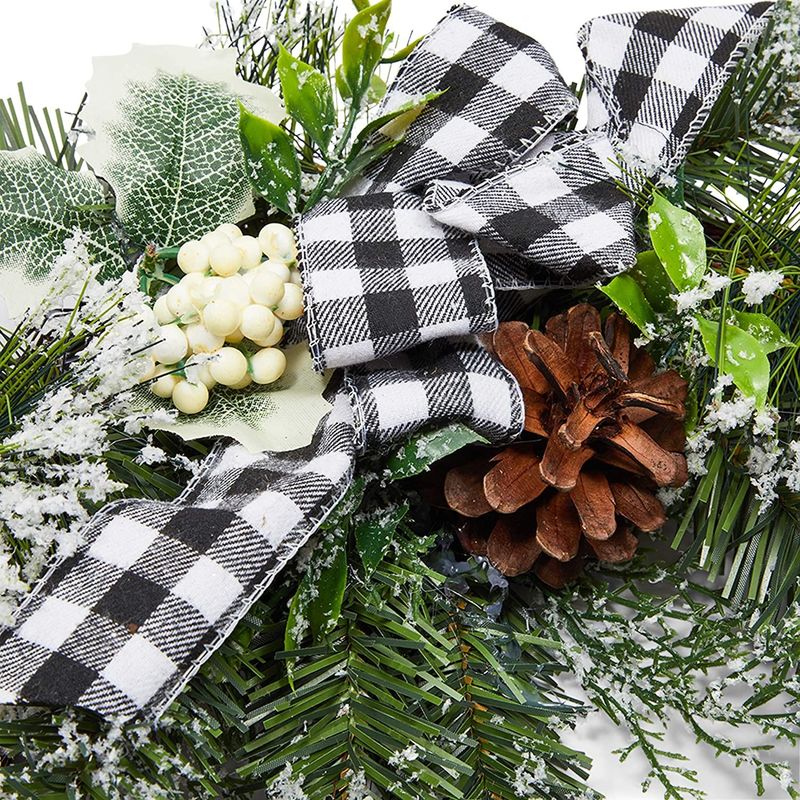Okuna Outpost Rattan Christmas Wreath for Front Door, Black Plaid Bow (12 Inches)