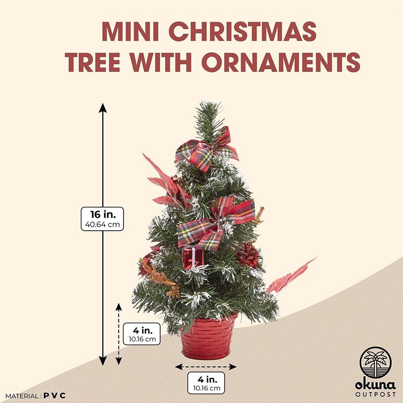Okuna Outpost Mini Christmas Trees with Plaid Bows and Red Pinecones (16 Inches)