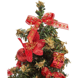 Okuna Outpost Mini Christmas Trees with Plaid Bows and Red Pinecones (8 Inches, 3 Pack)