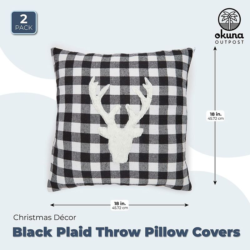 Buffalo Plaid Christmas Throw Pillow Covers, Deer Design (18 x 18 In, 2 Pack)
