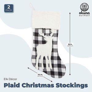 Black Plaid Elk Christmas Stockings, Holiday Home Decor (18 in, 2 Pack)