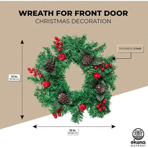 Christmas Wreath for Front Door, Indoor Outdoor Holiday Decorations (12 in)