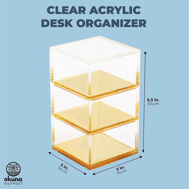 3 Tier Stacking Acrylic Desk Organizer with Gold Bottom, Clear (3 x 3 x 5.3 In)