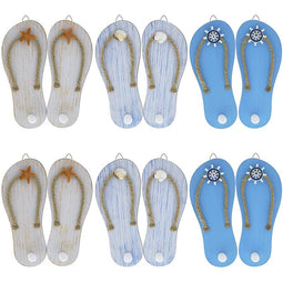 Wooden Flip Flop Towel Hooks, Nautical Beach Decorations for Home (6 Pairs)