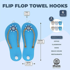 Wooden Flip Flop Towel Hooks, Nautical Beach Decorations for Home (6 Pairs)