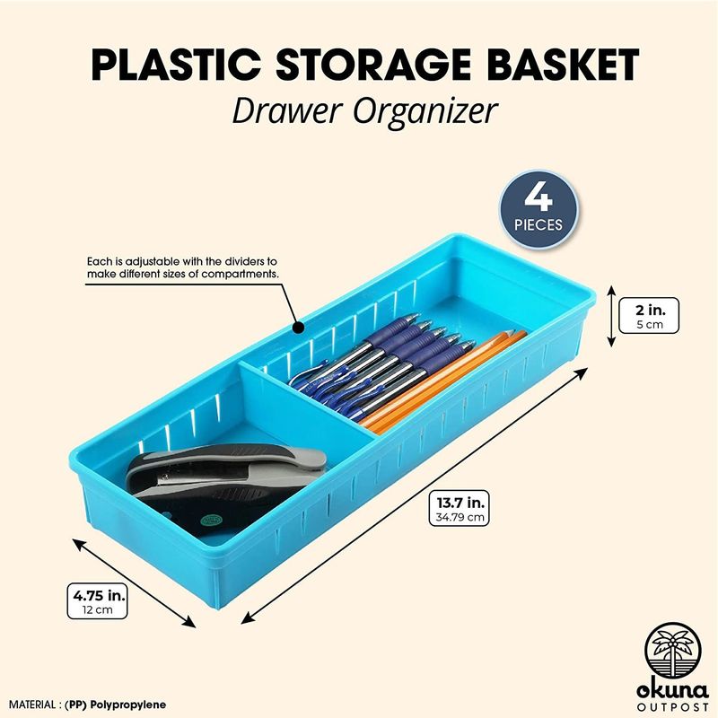 Adjustable Drawer Organizers, Plastic Desk Storage Bins (Blue, 4