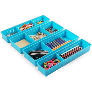 Adjustable Drawer Organizers, Plastic Desk Storage Bins (Blue, 4 Pack)