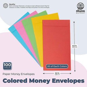 Money Saving Envelopes for Cash, Kraft Paper, 5 Colors (3.5 x 6.5 In, 100 Pack)