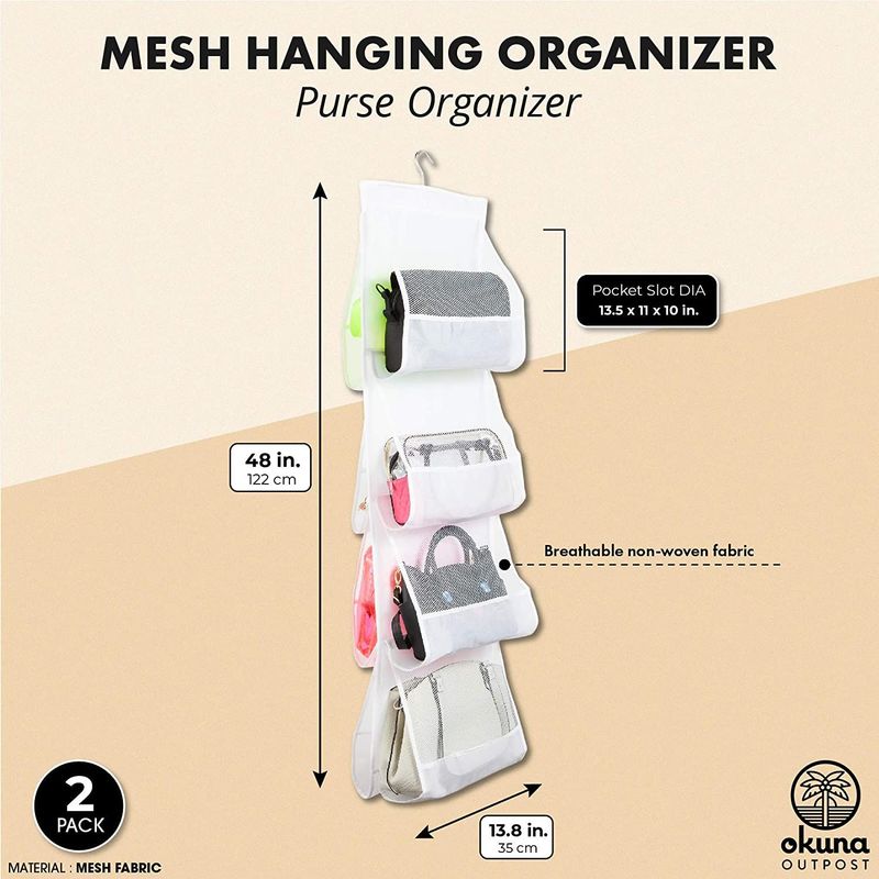 Okuna Outpost Hanging Purse Organizer for Closet Storage, White Mesh (48 x 13.8 in, 2 Pack)