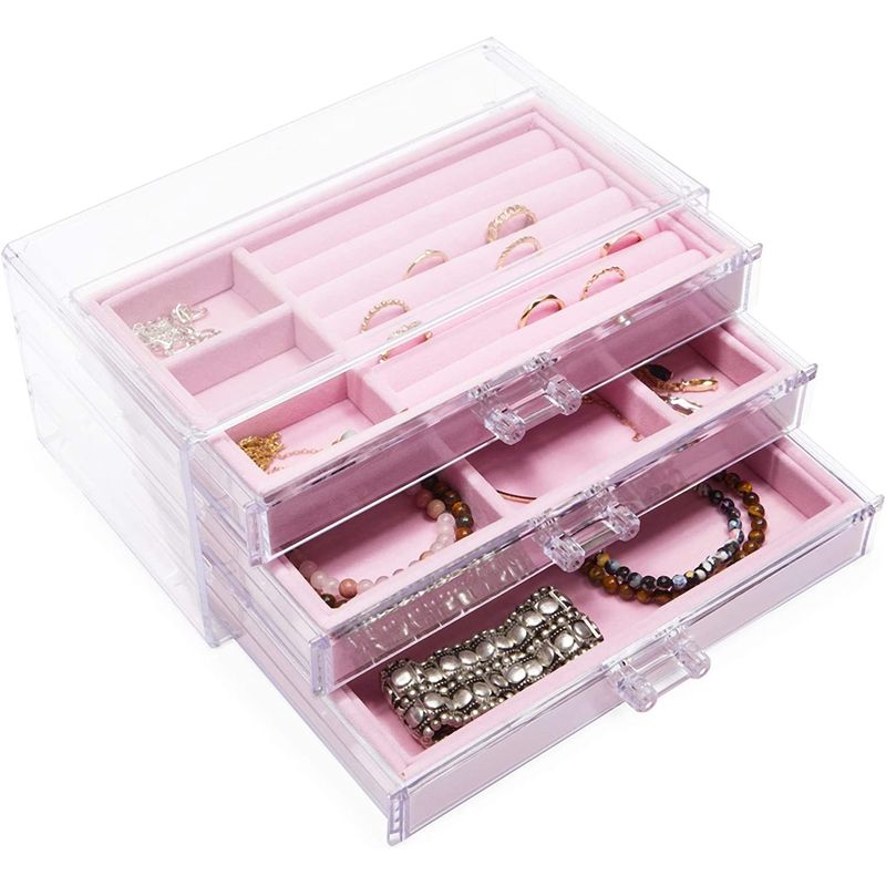 Acrylic Clear Jewelry Organizer Box 3 Drawers, Velvet Jewelry