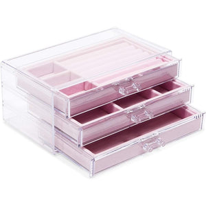 Pink Velvet Jewelry Box with 3 Compartments (9.25 x 5.4 x 4.2 Inches)