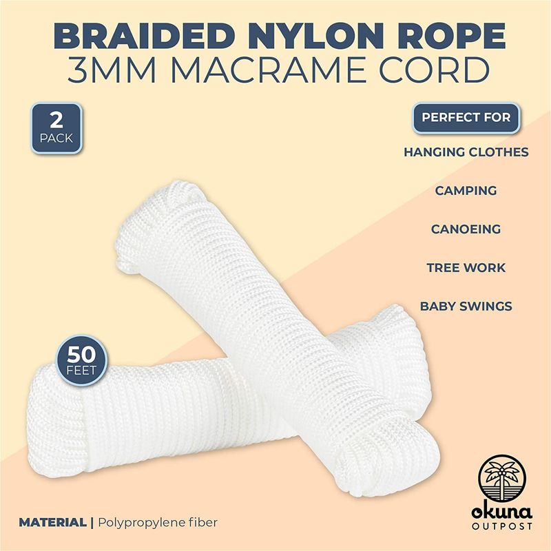 Braided Nylon Rope, 3mm Macrame Cord for Crafts (White, 50 Feet, 2 Pac –  Okuna Outpost