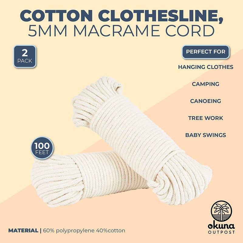 White Cotton Clothesline Cord, Laundry Line (0.19 in, 100 Feet, 2 Pack –  Okuna Outpost