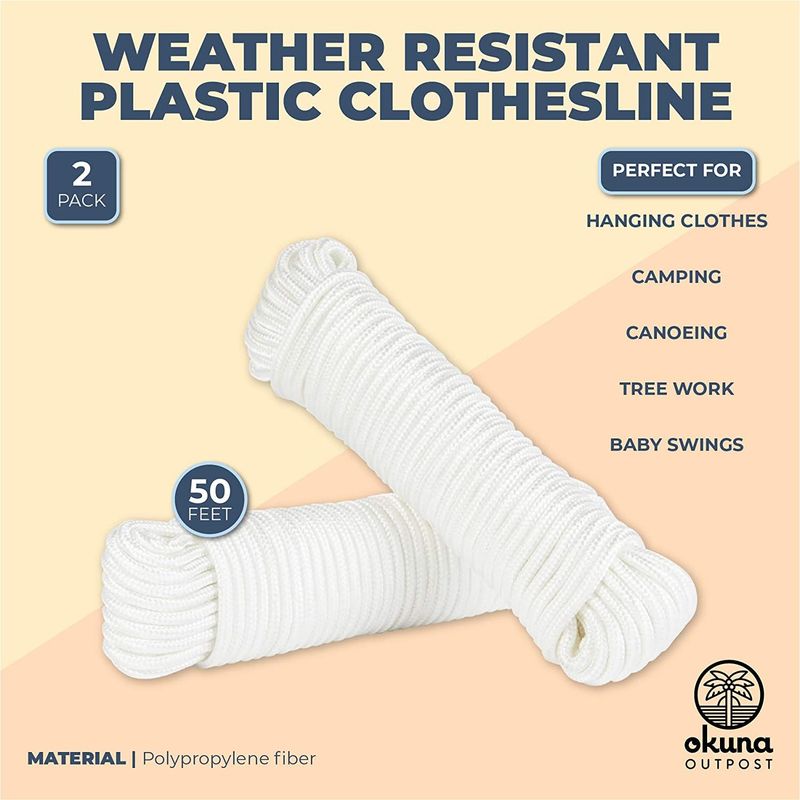 Weather Resistant Plastic Clothesline (White, 50 Feet, 2 Pack)