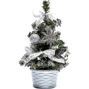Okuna Outpost Mini Christmas Trees with Silver Ornaments and Bows for Holiday Decor (8 in, 3 Pack)