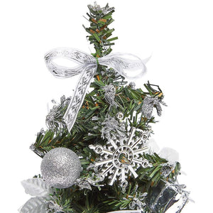 Okuna Outpost Mini Christmas Trees with Silver Ornaments and Bows for Holiday Decor (8 in, 3 Pack)
