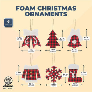 Buffalo Plaid Christmas Tree Ornaments, Foam Decorations (6 Designs, 6 Pack)