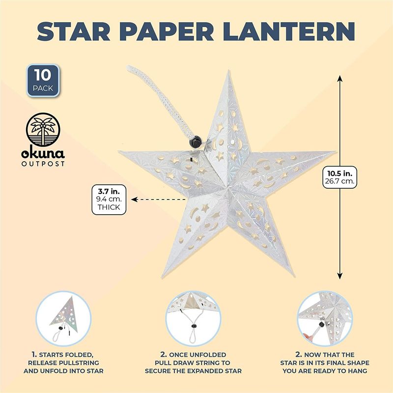 Star Paper Lantern, Hanging Christmas Decorations (Silver, 11 in, 10 Pack)