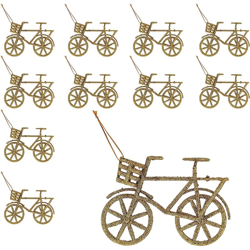 Christmas Tree Ornaments, Gold Glitter Bicycle Decor (4.9 x 3.3 in, 10 Pack)