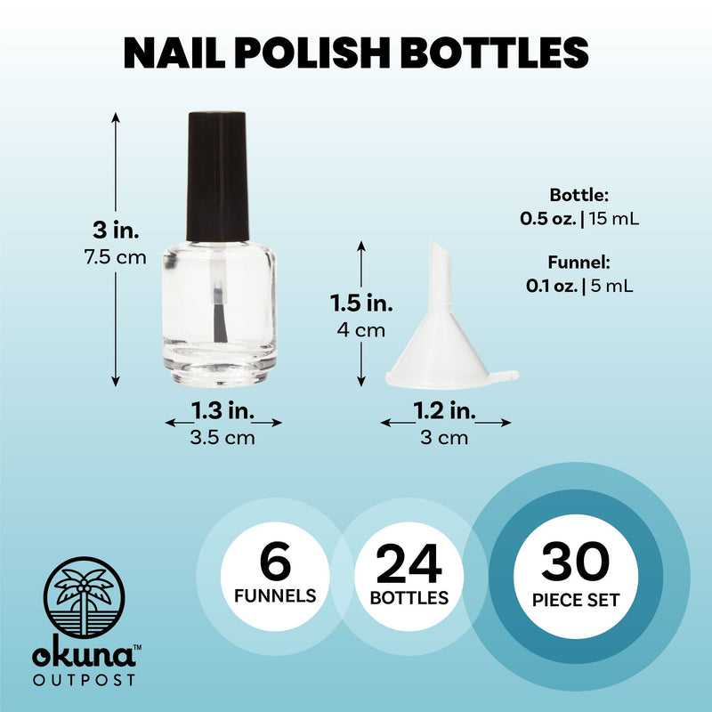 Empty Nail Polish Bottles with Brush Cap and Plastic Funnels (15 ml, 30 Piece Set)