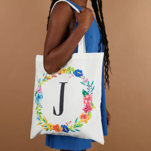 Set of 2 Reusable Monogram Letter J Personalized Canvas Tote Bags for Women, Floral Design (29 Inches)