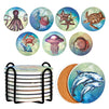 Set of 8 Ocean Animal Ceramic Table Coasters for Drinks with Holder and Cork Base (4 In)