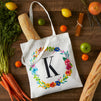 Set of 2 Reusable Monogram Letter K Personalized Canvas Tote Bags for Women, Floral Design (29 Inches)
