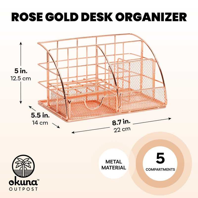 Rose Gold Desk Organizer, Pink Metal Office Accessories (8.7 x 5.5 x5 In)