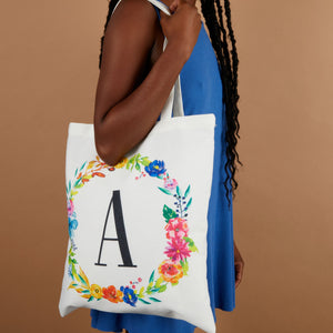 Set of 2 Reusable Monogram Letter A Personalized Canvas Tote Bags for Women, Floral Design (29 Inches)