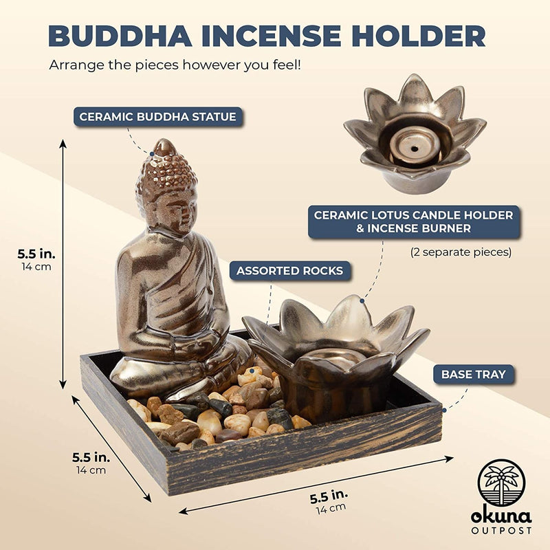 Buddha Statue Incense Burner Holder with River Rocks for Religious, 5.5 x 5.5 in.